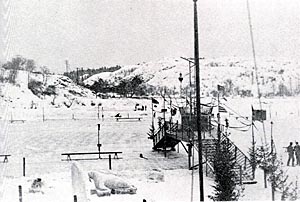 Bajens isbana på Hammarby sjö, 1910. Merk hvalrossen i forgrunnen, snøskulptur av Emil Åström. Bildet har ukjent kilde, via Peter Jansson; tar det ned hvis noen protesterer