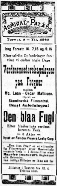 Kinoannonse i Aftenposten 19. februar 1920