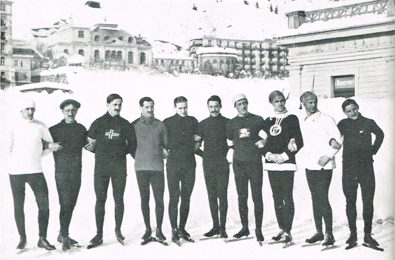 Participants, left to right Petzold(?), Koning, Mathisen, Bohrer, Frang, Max Kniel, Dix, two Germans, Prochaska, from Oscar Mathisen, Mitt livs løp