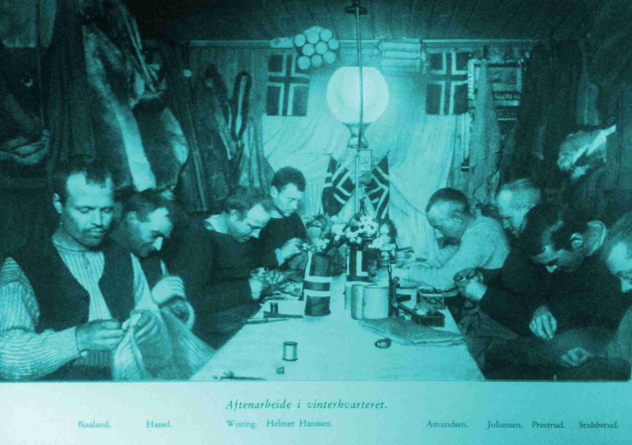 Amundsen and his men doing routine evening work, from Roald Amundsen: Opdagelsesreiser